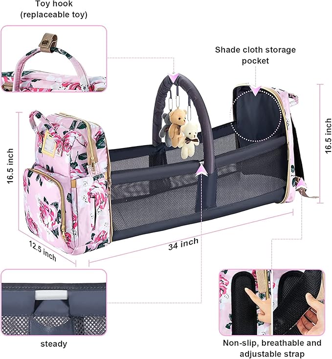Diaper Bag Backpack with Changing Station, Foldable for Bady Toddler, 3 in 1 Large Capacity Newborn Essentials Organizer with Stroller Hook for Girls and Boys（Pink）