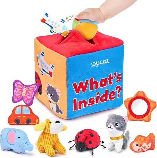 JoyCat Baby Toys 6-12 Months - Mystery Soft Box with 10 Sensory Objects, Rattle, Crinkle Paper, Mirror - What's Inside Box Infant Gifts, Soft Busy Toys 1-2 - Baby Birthday Gifts Boy Girl Chirstmas