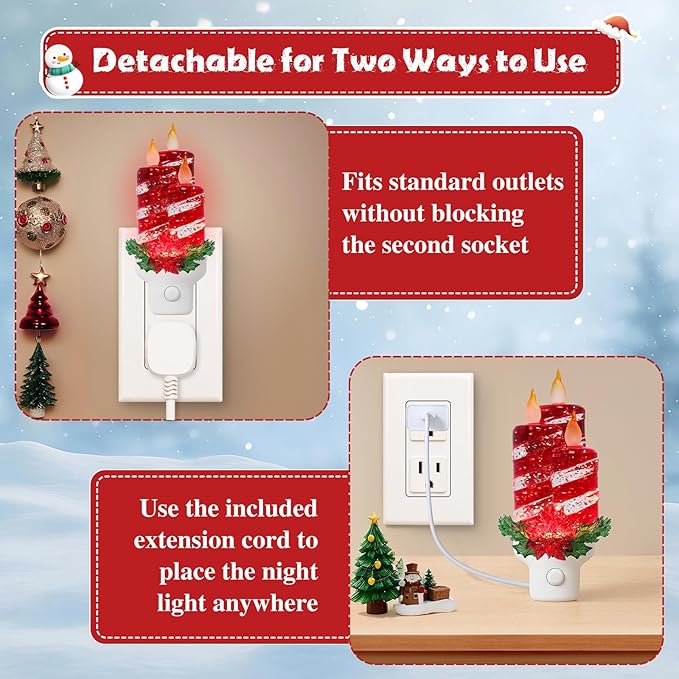 Christmas Candle Night Light Plug into Wall Glitter Water Nightlight with USB/Outlet Options, Christmas Decorative Nightlight for Bedroom Kitchen Nursery Hallway Holiday Decorations Gifts (Red Candle)
