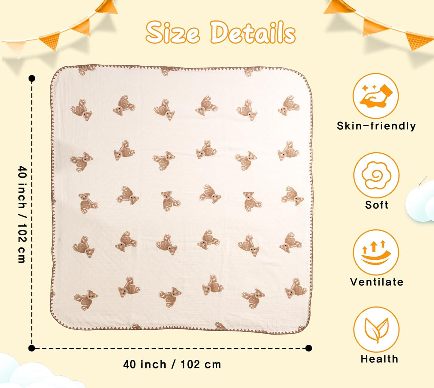 Baby Blanket Double Layer Cotton 40 x 40 Soft Receiving Blanket with Pattern Machine Washable Brown Bear