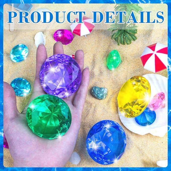 10pcs Extra Large Diving Gems for Pool for Kids,4pcs 60mm Oversized Diamonds and 6pcs 30mm Acrylic Gems Pirate Treasures,Swimming Pool Toys Favors and Sensory Bin Filler