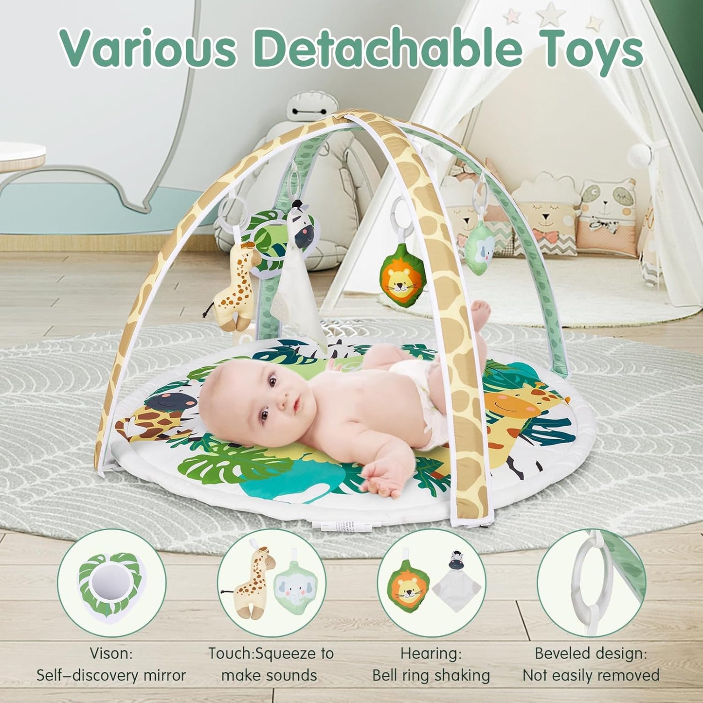 Activity Gym, Baby Play Gym Mat for Toddlers, 0-18 Months Tummy Time Play Mats, Infant Play Gym with Detachable Toys for Sensory Exploration and Motor Skill Development, PM2408