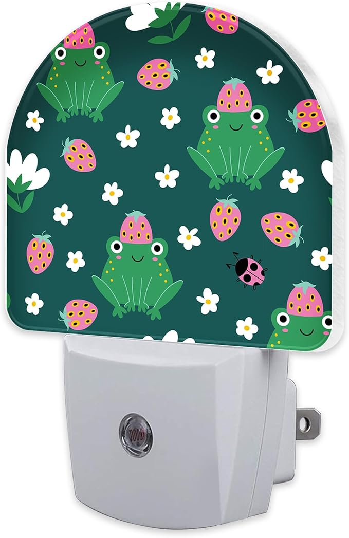 Strawberry Frogs with Daisies Flowers Night Light Plug into Wall,Cute Childish Frog Dusk to Dawn Night Light Plug in,0.5w Energy Saving NightLight for Kids Boys Girls Home Decor