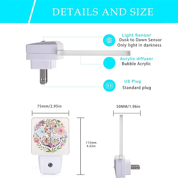 Anchor Night Light,Watercolor Floral Plug in Night Lights 0.5W Sleep Friendly for Boys Girls Led Night Light Dusk to Dawn Sensor Nightlight for Stairway/Hallway/Kitchen