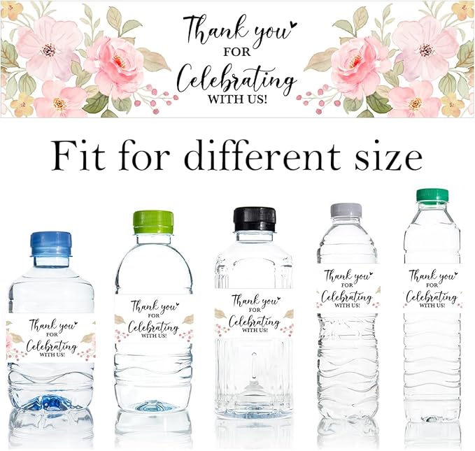 100PCS Wedding Water Bottle Labels Waterproof Greenery Floral Wraps Sticker for Water Bottle Baby Shower Bottle Label for Bridal Shower Party Thanks (Pink)