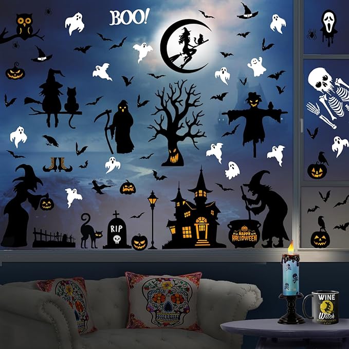 150 Pcs Halloween Window Clings Halloween Decor Indoor Bats Window Decoration | Large-Size Double-Side Witches Skeletons Windo Stickers Clings Hallowee Party Decoration Reusable & Removable