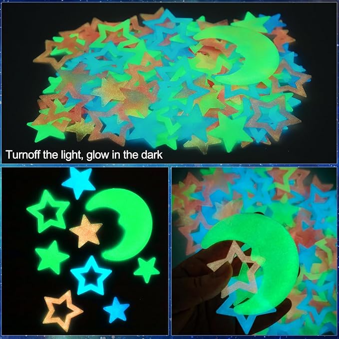 140 pcs Colorful Glow in The Dark Moon and Stars Wall Stickers Yellow Pink Blue Glowing Star Decor DIY 3D Hollow Luminous Stars Wall Decals for Kids Boys Baby Bedroom Ceiling Wall Decoration