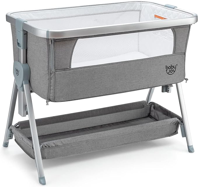 BABY JOY Bedside Bassinet, Portable Baby Crib w/Mattress, Two-Side Breathable Mesh, 7 Height Adjustable, Large Storage, Wheels for Easy Movement, Crib for Newborn Infant, Bassinet for Baby, Grey