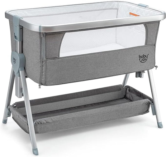 BABY JOY Bedside Bassinet, Portable Baby Crib w/Mattress, Two-Side Breathable Mesh, 7 Height Adjustable, Large Storage, Wheels for Easy Movement, Crib for Newborn Infant, Bassinet for Baby, Grey
