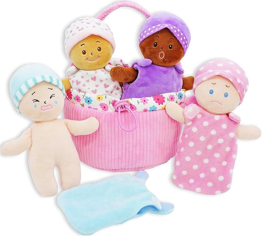 June Garden My First Basket Plush Baby Doll Set - Includes 1 Basket and 4 Multicultural Soft Plush Babies with Emotional Expressions for Infants and Toddlers Birth and Up
