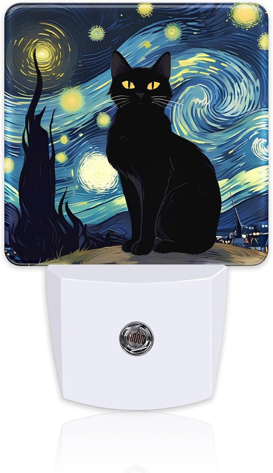 Starry Night Black Cat Night Light Plug into Wall, Abstract Oil Painting Dusk to Dawn Night Light Plug in,0.5w Energy Saving Sleep Friendly NightLight for Kids Boys Girls Home Decor