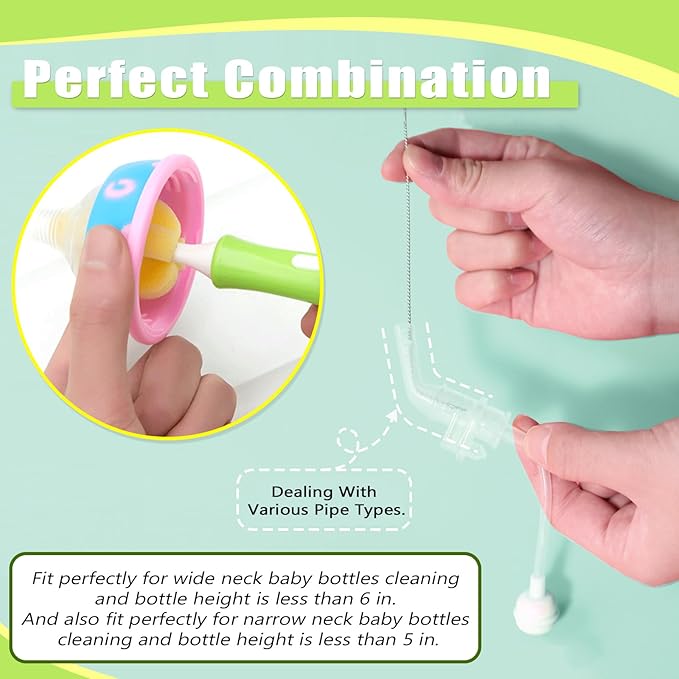 INVODA Nipple Brush 4PCS Sponge Bottle Brushes with 4 PCS Straw Brush Baby Bottle Nipple Cleaner Brush Long Handle Detachable Nipple Brushes (Yellow)