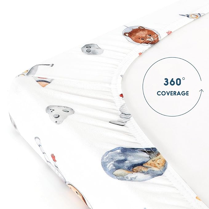 GRSSDER Pack n Play Sheets Fitted 3 Pack, Stretchy Ultra Soft Jersey Knit Pack and Play Sheets, Universal Fitted Portable/Mini Crib Mattresses Snug and Safe, Space Stylish Print