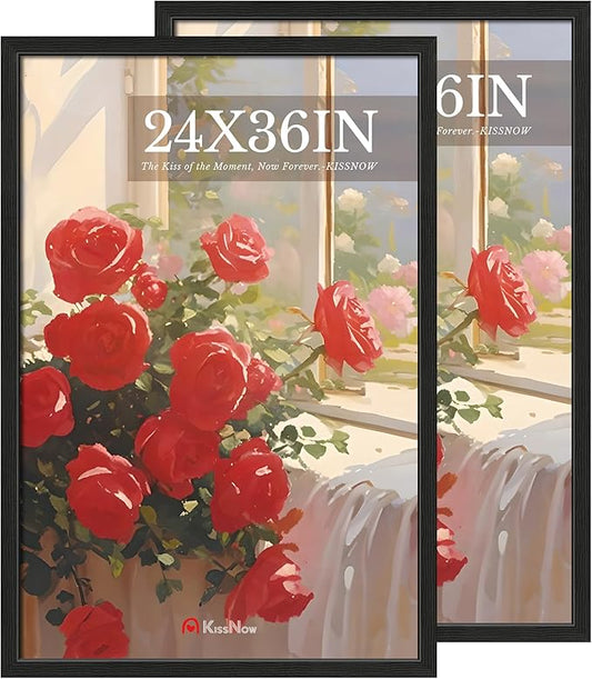 24x36 Poster Frame 2 Pack, Textured Black Solid Wood Picture Frame, Wall Hanging
