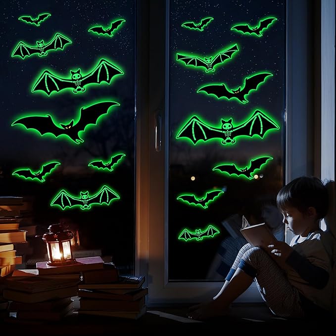 3 Sheets Glow in The Dark Halloween Skeleton Bat Decals Luminous Halloween Skeleton Bat Stickers Removable Bat Wall Decor Glowing Window Clings for Scary Halloween Theme Party Decorations