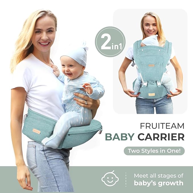 FRUITEAM 6-in-1 Baby Carrier with Waist Stool/Hip Seat, One Size Fits All -Adapt to Newborn, Baby Hip Carrier for Breastfeeding, Infant & Toddler, (Green)