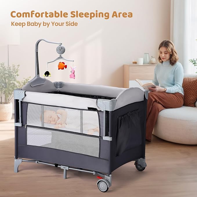 JOYMOR Pack and Play with Changing Table, 5-in-1 Portable Baby Bedside Bassinet with Storage, Travel Crib with Carry Bag, Compact Fold (Gray)