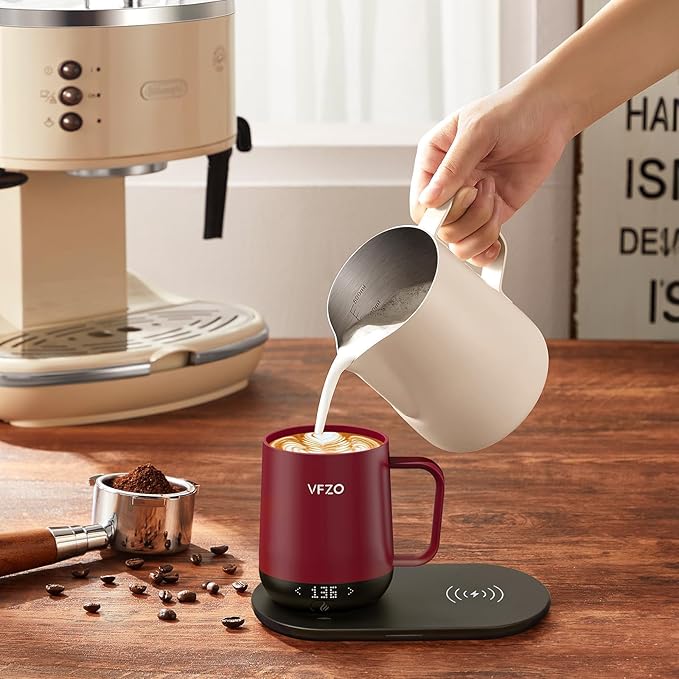 Temperature Control Smart Mug, Self Heating Coffee Mug LED Display, 180 Min Battery Life - Hot up to 149℉ Fast Wireless Charger Base Improved Design coffee serving sets (12oz, Burgundy)