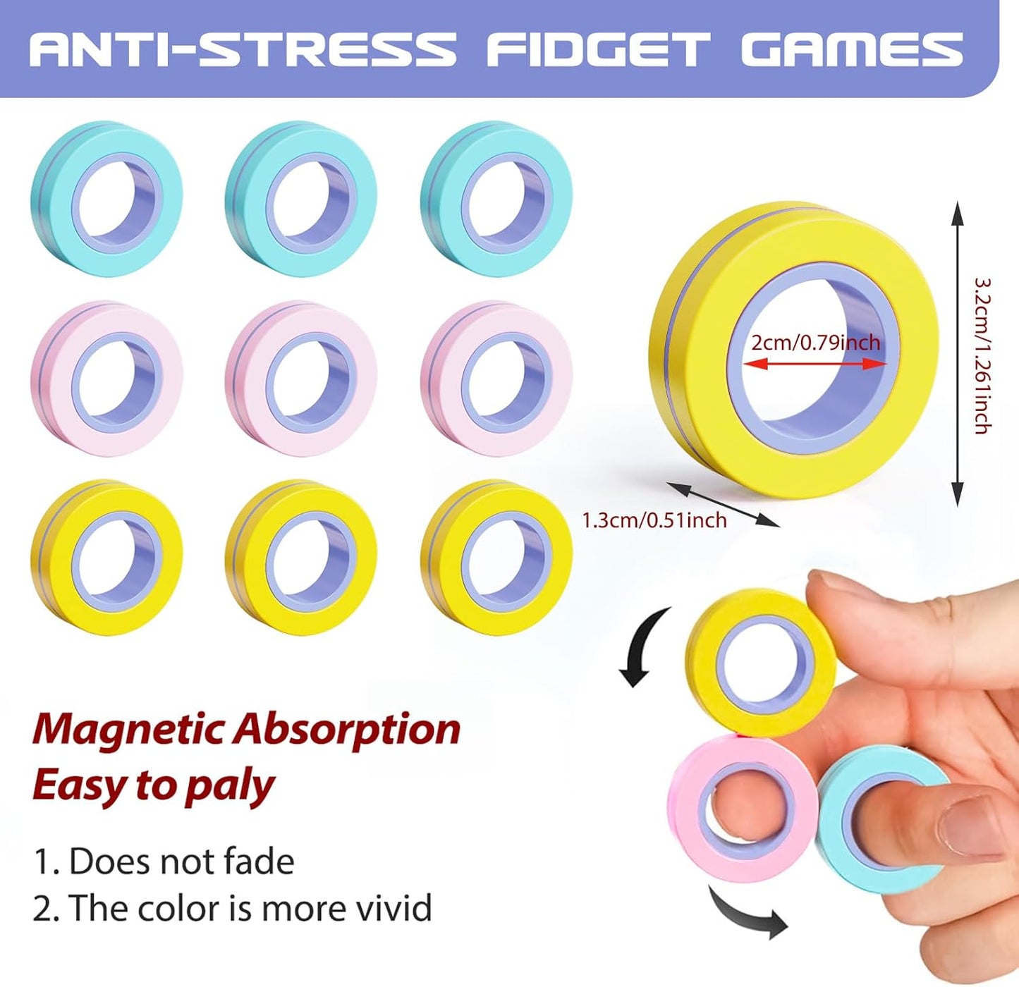9Pcs Magnetic Rings Fidget Toy for Adult, Idea ADHD Anxiety Magnetic Fidget Toys Set Fidget Spinner Rings for Relief, Gifts for 8 9 10 11 12 13+ Year Old Boy Girl Teen