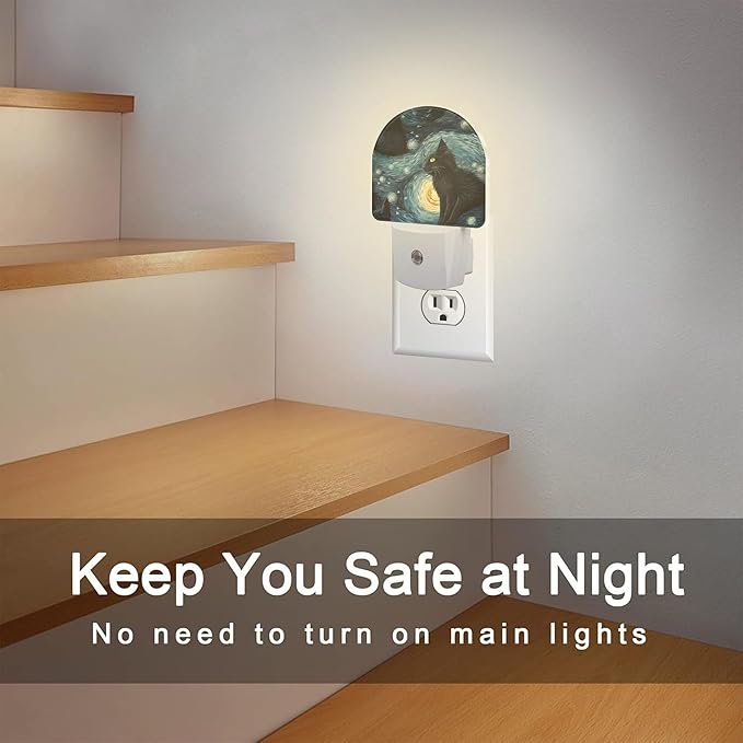 Starry Night Black Cat Night Light Plug into Wall, Abstract Oil Painting Cat Dusk to Dawn Night Light Plug in,0.5w Energy Saving Sleep Friendly Nightlight for Kids Boys Girls Home Decor