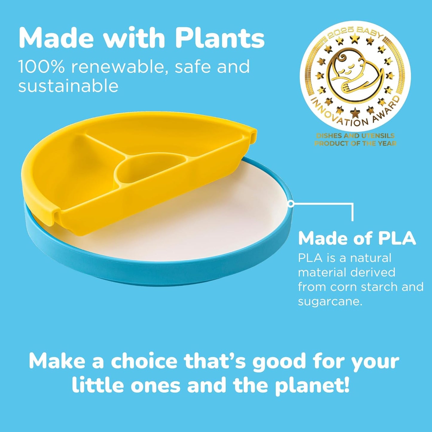 Omie® Easy Scoop Plates for Kids | Unique Design Helps Food Fall into the Spoon, Not on the Table | Made from Plants | 3 Plates + 2 Silicone Dividers | Blue