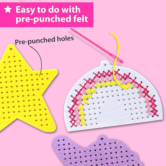 KRAFUN Cross Stitch Kits for Kids Beginners, 4 Unicorn Cross Stitching Keyrings Arts & Crafts, Needlepoint Embroidery Kit for Girls 5-13 Craft Kit Backpack Charms, Ornaments