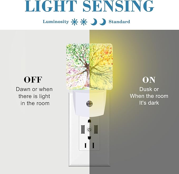 Night Light Plug into Wall Hand Painted Four Season Tree Night Light with Dusk to Dawn Sensor for Kid Girls Boys Women Men Room Decor, Hallway, Kitchen, Bathroom, Nursery, Stairs