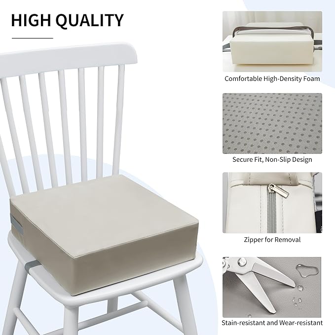 Toddler Booster Seat for Dining Table, 2 Elastic Seat Belts, Anti Scratch PU Skin-Friendly, Waterproof, Anti-Wrinkle, Detachable Non-Slip Bottom - Light Gray