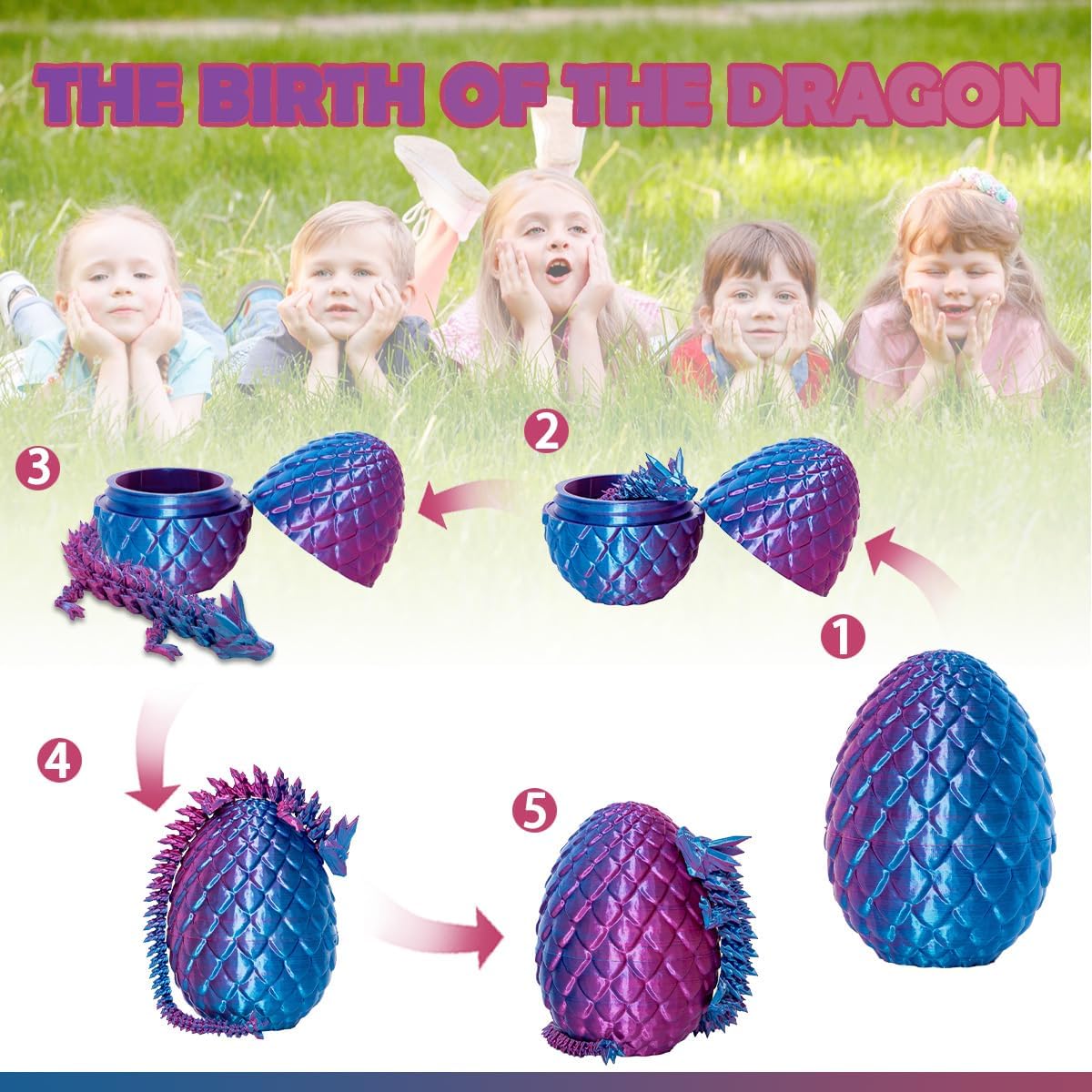 3D Printed Dragon Eggs with Dragon Inside, 12In Laser Purple Dragon Egg Fidget Toy, Executive Desk Articulated Dragon Toy, Home Office Decor