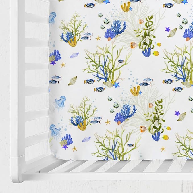 Colorful Undersea Fishes Jellyfish Sea Weeds Baby Crib Sheet 52''x28'' Nautical Life Fitted Crib Mattress Cover for Boy Girl Nursery Toddler Bed Sheets for Standard Crib and Toddler Mattresses