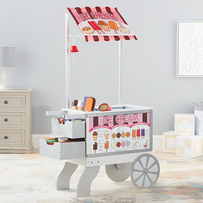 Melissa & Doug Wooden Snacks and Sweets Food Cart - 40+ Play Food pcs, Reversible Awning