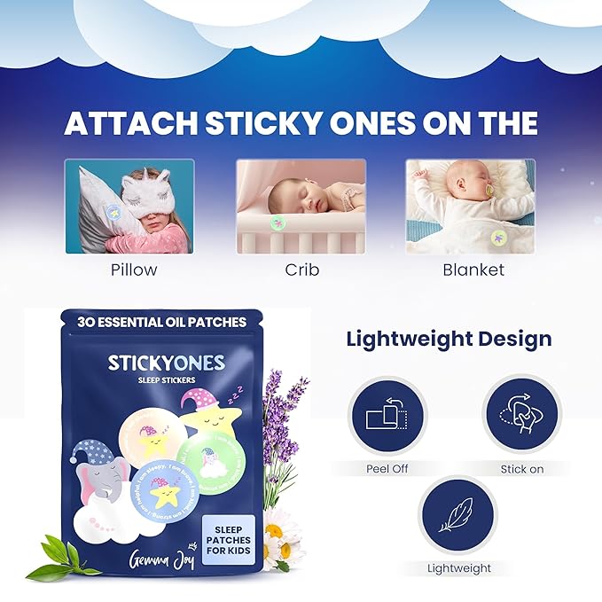 Gemma Joy Bedtime Baby Soothers & StickyOnes Sleep Patches - Cry Activated Heartbeat Elephant Plush Toy, Stuffed Animal with Calming Light & All-Natural, No Melatonin Bedtime Patches for Kids and Baby