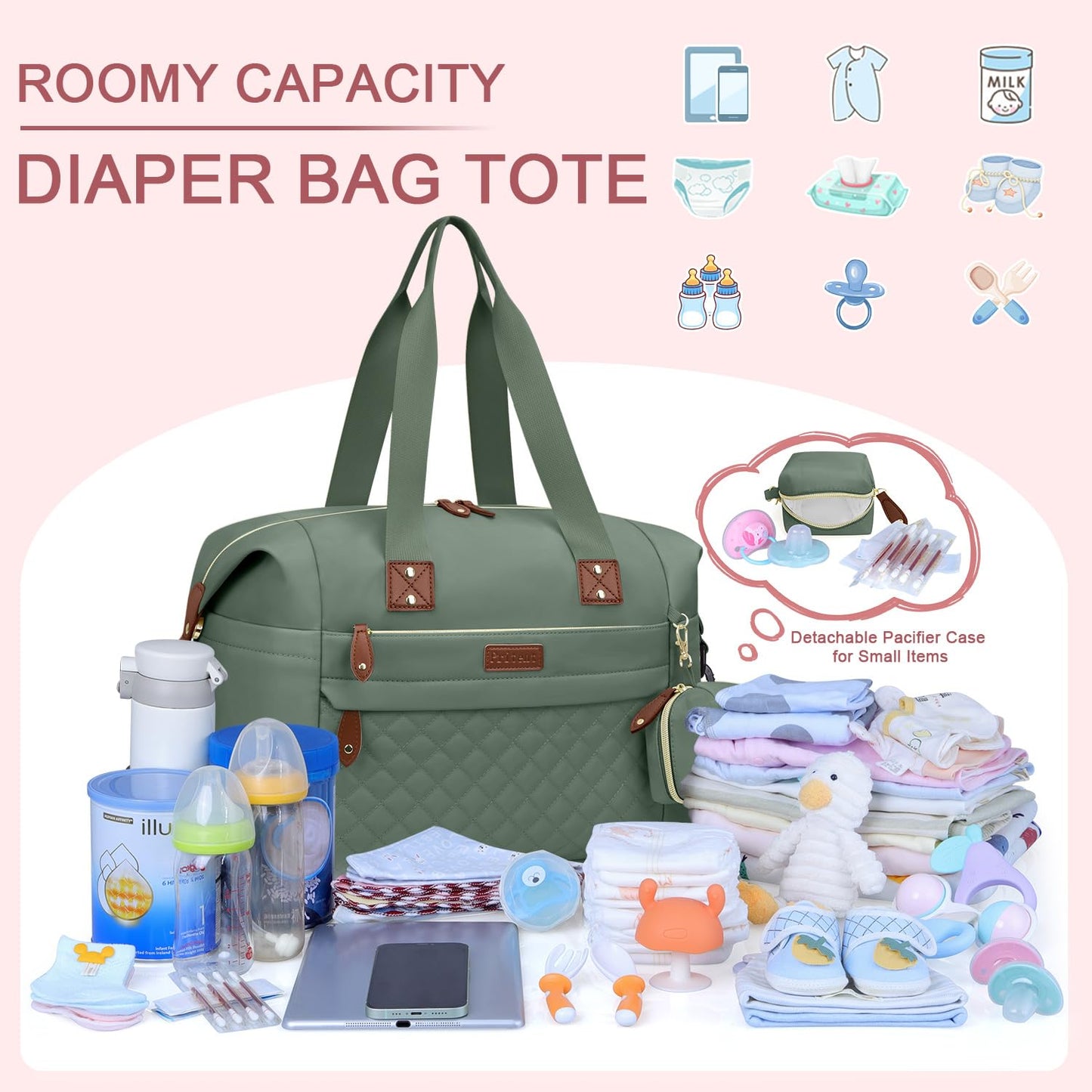 Diaper Bag Tote - Diaper Baby Bags with Pacifier Case, Shoulder Straps, Stroller Clips, Waterproof Large Mommy Maternity Travel Baby Bag for Mom and Dad, Green, Medium