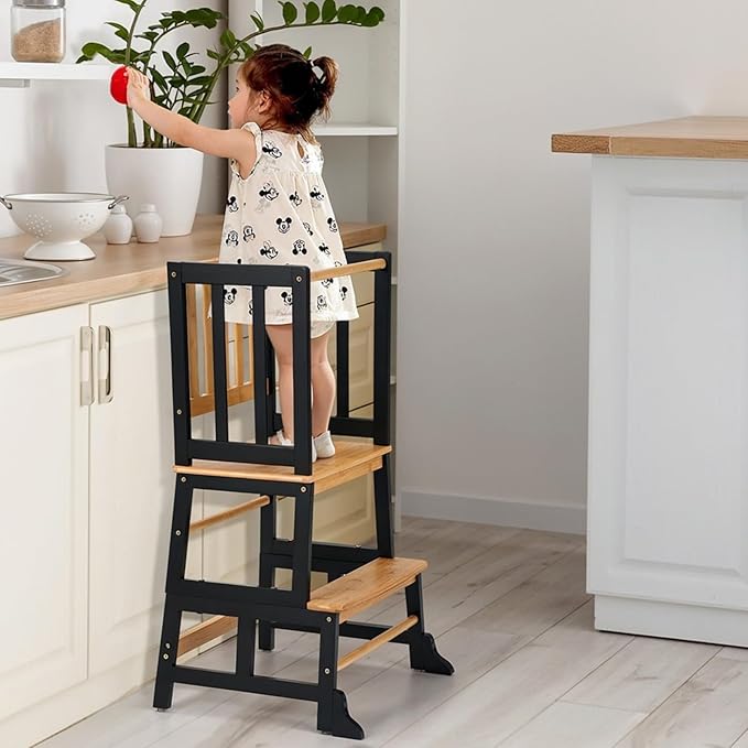 COSYLAND Kids Kitchen Step Stool Helper - Wooden Standing Tower for Kids with Anti-Tip Support Legs - Mothers' Helper Kids Learning Stool for Kitchen Counter (Black & Natural)