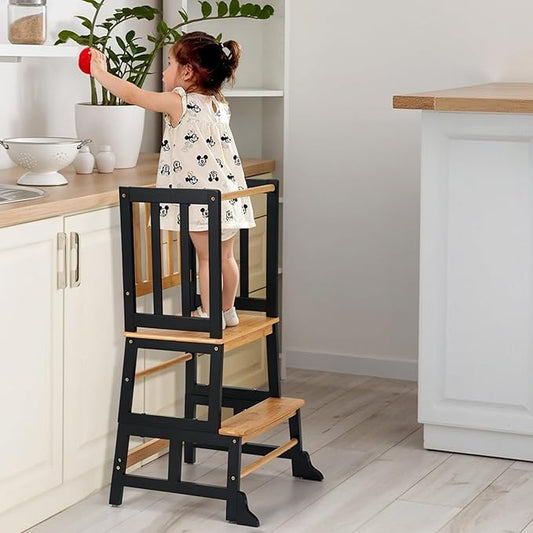 COSYLAND Kids Kitchen Step Stool Helper - Wooden Standing Tower for Kids with Anti-Tip Support Legs - Mothers' Helper Kids Learning Stool for Kitchen Counter (Black & Natural)