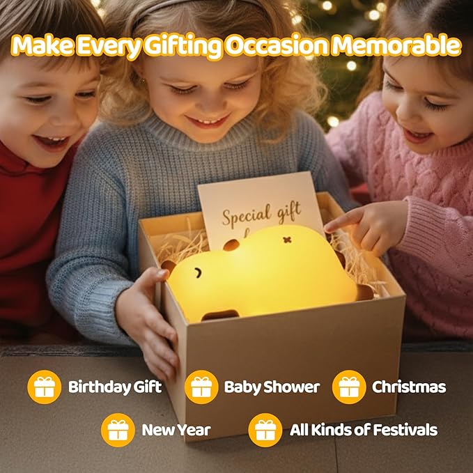 Mewaii Snoring Sound Capybara Night Light for Kids -Silicone Breathing Capybara Gifts Lamp with 3-Level Dimming, Cute Light Rechargeable Cuddly Bedtime Companion for Nursery, Baby Toys& Room Decor