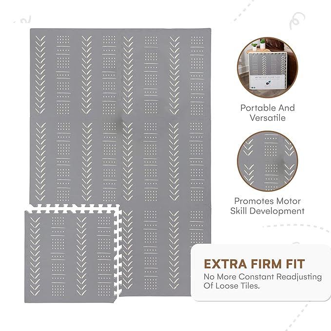 Childlike Behavior Baby Play Mat - 72x48-Inch Tummy Time Mat - 6-Piece Interlocking Foam Floor Tiles for Toddlers - Soft Waterproof for Floor Play and Crawling - Grey