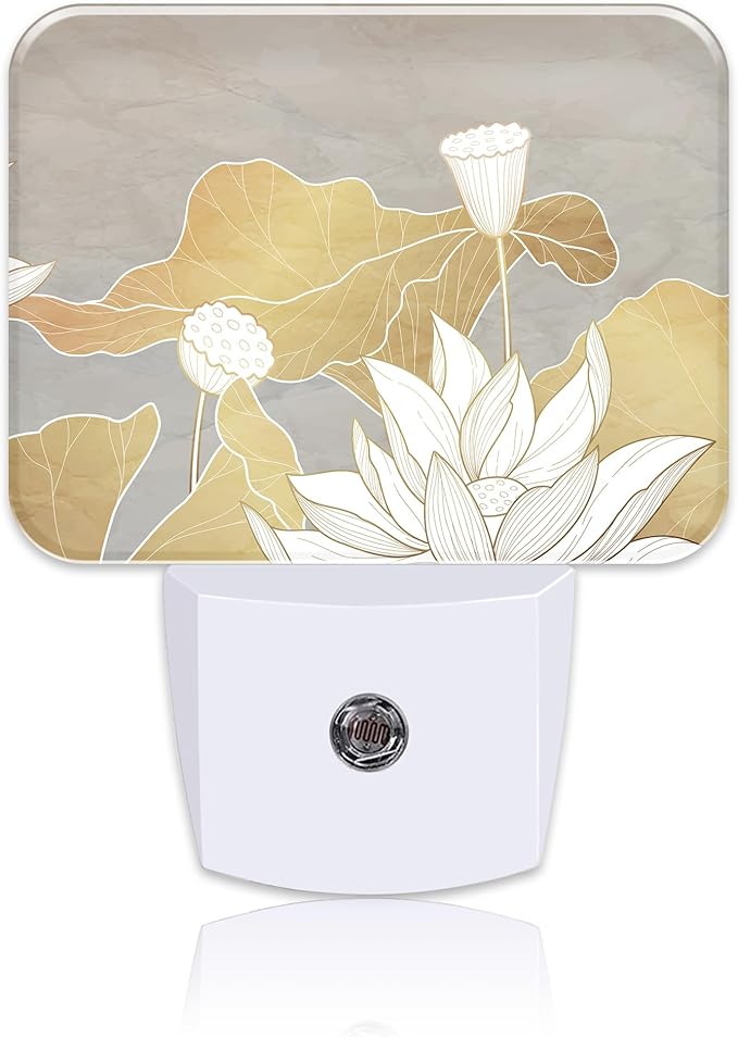 Luxury Water Lily Flowers Night Light Plug into Wall, Golden Lotus and Leaves Night Light with Dusk to Dawn Sensor for Kid Girls Boys Women Men Room, Hallway, Kitchen, Bathroom, Stairs Decor
