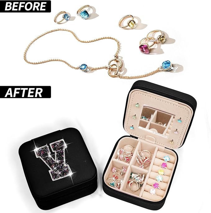 Personalized Jewelry Case for Women Girls - Fashion Mini Jewelry Boxes - Trendy Travel Jewelry Organizer with Initials Letter - Teen Gifts | Black,V