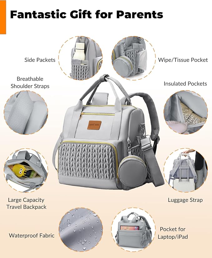 Backpack Diaper Bag,Stylish Waterproof Baby Diaper Bags with Changing Pad,Insulated Pockets,Multi-Function Travel Diaper Backpacks,Newborn Essentials, Grey