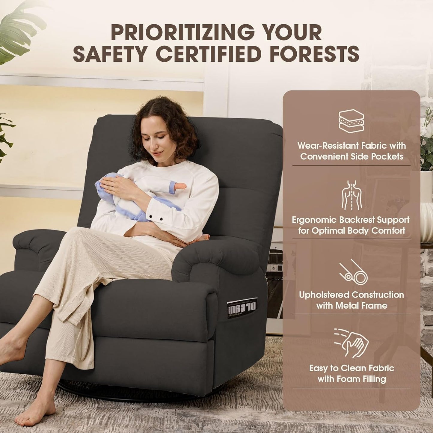 Dark Grey Glider Rocker Recliner,Swivel Rocking Recliner Chair,Glider Rocking Chair,Reclining Sofa Rocking Chair Nursery,23 Inches Deep Seat & 27 inches High Back,for Living Room