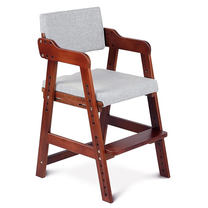 Ezebaby Wooden High Chair for Toddlers to Teens, Adjustable Kids Study & Dining Chair with Steps and Removable Cushion (Nut-Brown)
