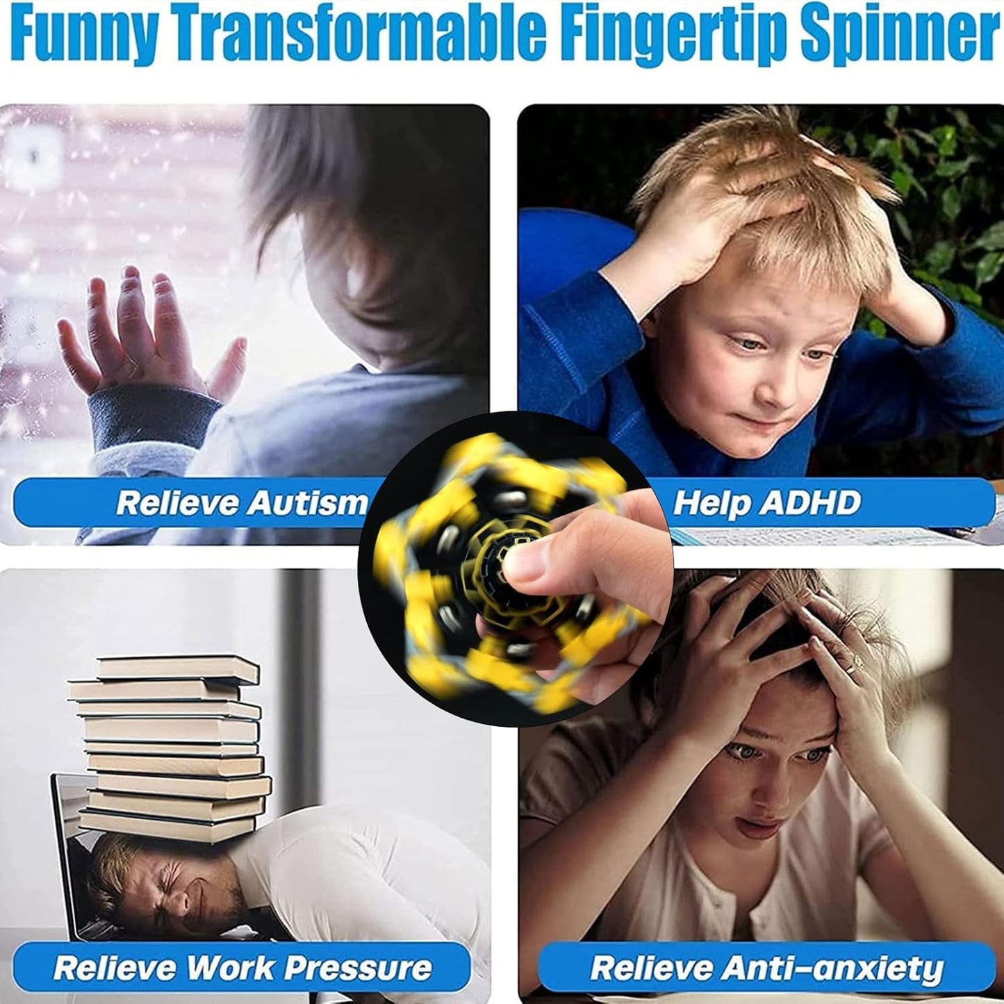 Transformable Fidget Spinners 4 Pcs for Kids Adults, Stress Relief Fidget Sensory Toys for Boys and Girls, DIY Fidget Spinners for ADHD Autism Birthday Party Favors, Gifts, Classroom Supplies Prizes