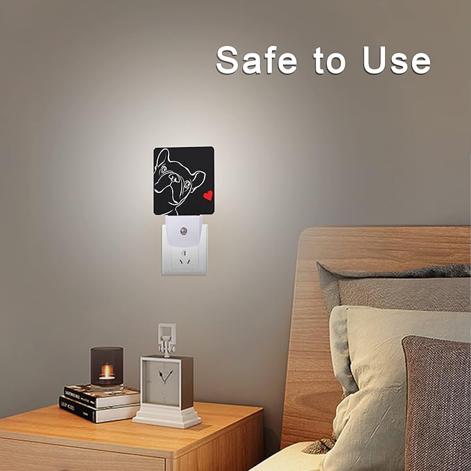 French Bulldog Dog red Heart Night Light Plug-in LED Nightlights Auto Sensor Night Lamp Dusk-to-Dawn Lamp Home Decor for Nursery Children Girls Boys