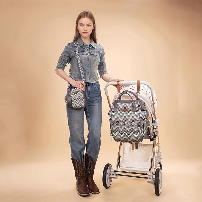 Montana West Wrangler Callie Diaper Bag Backpack with Pacifier Case, Crossbody Bottle Bag and Stroller Straps Western Pattern Multifunction Baby Travel Bag Set WG2216-9110BK