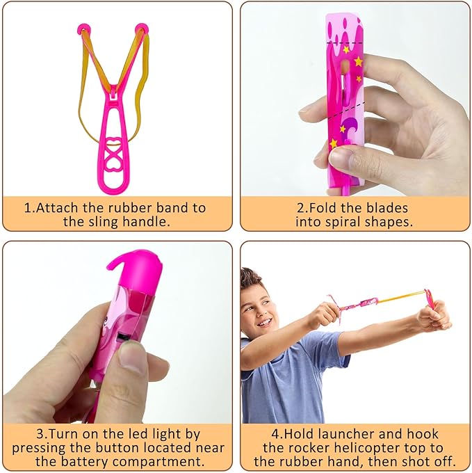 50 Pcs Slingshot Flying Toys with Led Lights,25 Pcs LED Arrow Helicopters + 25 Pcs Launchers,Summer Outdoor Game Glow in The Dark Party Supplies Party Favors for Kids 4-8,8-12 Bulk Toys