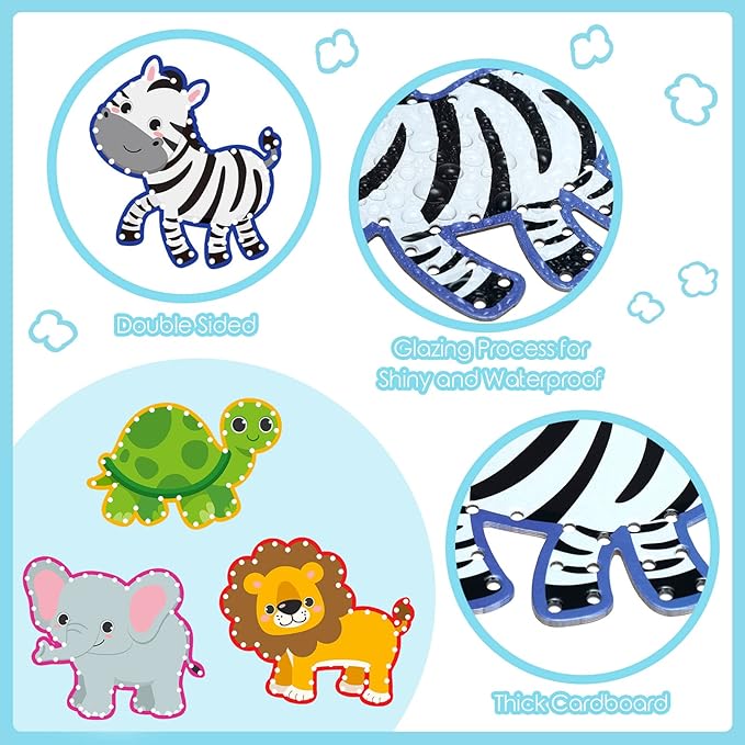 10 Pieces Kids Jungle Animal Lacing Cards Safari Animal Sewing Cards Thick Cardboard Double Sided Lacing Playing Games for Children Toddler Developing Imagination Education Supplies (Jungle Style)