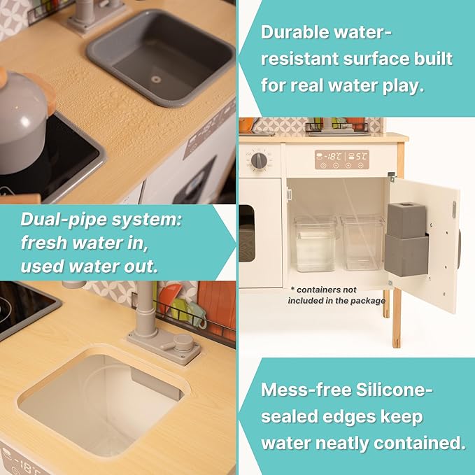 Wooden Play Kitchen for Kids with Working Sink & Faucet Toy – Montessori Sensory Pretend Playset for Toddlers 3-5 – Interactive Kids Kitchen Playset with Lights & Sounds