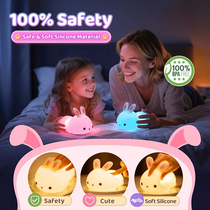 One Fire Bunny Christmas Night Light for Kids, 16 Colors Cute Lamp, Soft Silicone Baby Night Light, 1200mAh Portable Dimmable Touch Lamps, Kawaii Room Decor Stuff, Gifts for Christmas|Halloween|Easter
