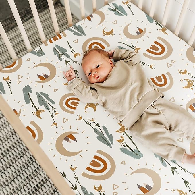 GRSSDER Stretchy Ultra Soft Jersey Knit Fitted Crib Sheets Set 2 Pack，Fits All Standard Crib Mattress Pads Safe and Snug, Rainbow Creative Painting Pattern